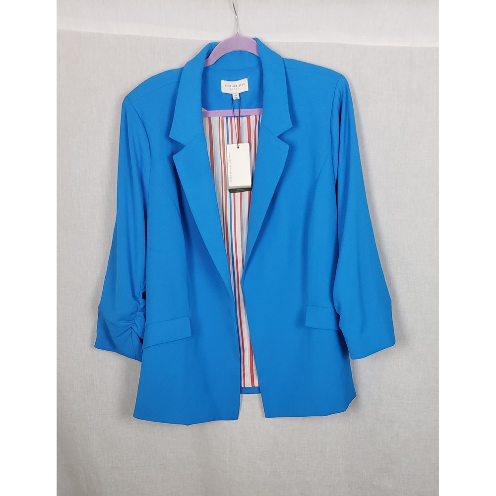 Skies Are Blue Curvy Blue Ruched 3/4 Sleeve Open Front Blazer 2X Casual Chic